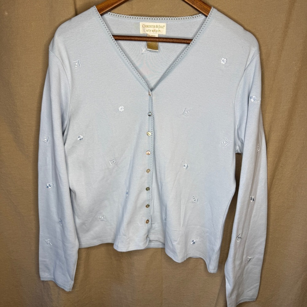 Charming Light Blue Embroidered Button-Front Cardigan